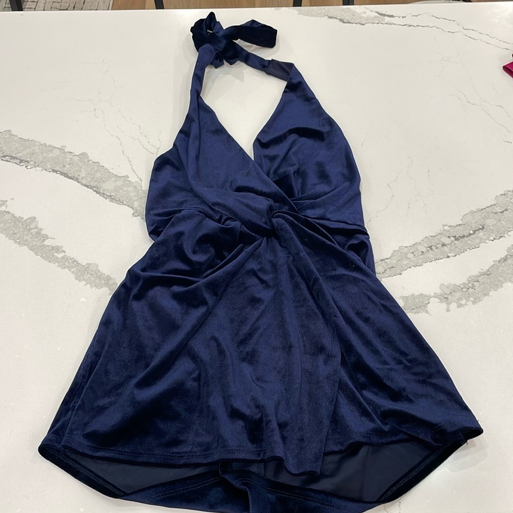 Cotton Candy LA Navy Blue Velvet Romper. Halter neck
